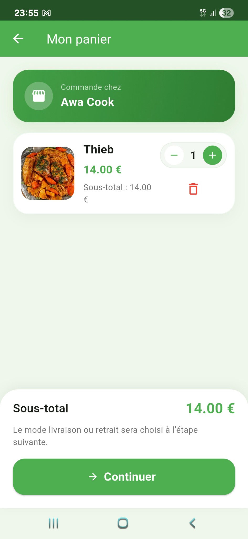 Panier dans l'application Cookhtys